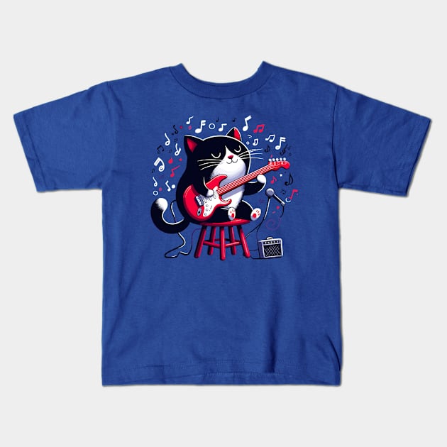 Cat Playing Guitar Kids T-Shirt by Graceful Designs